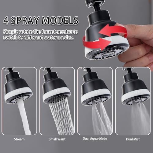 Faucet Aerator Faucet Sprayer Attachment, Kitchen Faucet Head Replacement with 4 Spray Modes, 360° Swivel Faucet Extender Anti-Splash Sink Sprayer Faucet Nozzle Head (Diamond, Black) - Image 2