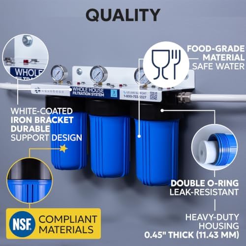 Aquaboon 3-Stage Whole House Water Filter System with 5 Micron 10x4.5 Reducing Sediment, Anti-Scale Water Purification and Carbon Chlorine Reduction Filter (CTO), Pressure Gauges, Wrench, Bracket - Image 3