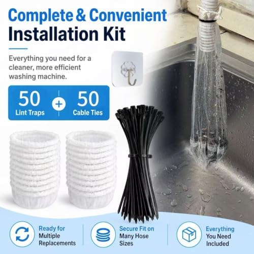 50 Pack Washing Machine Hose Lint Traps with Cable Ties, Drain Filter Bags - Image 6