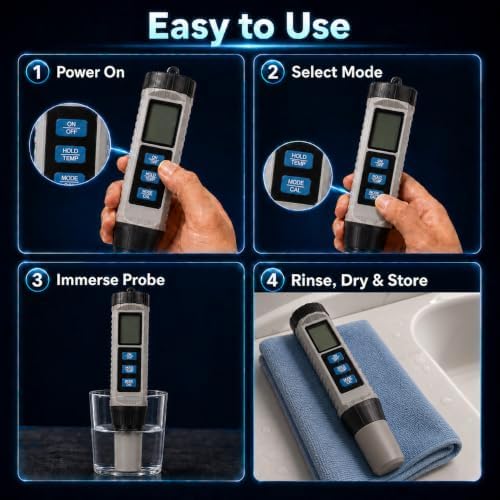 Salt Tester for Saltwater Pool, 8 in 1 Multi-Parameter Water Analysis,pH Tester、TDS、EC、Salinity、ORP、SG、CL、Temp、EC Meter for Pool Hot Tub Swimming Aquarium,Professional Water Tester for Drinking Water - Image 6