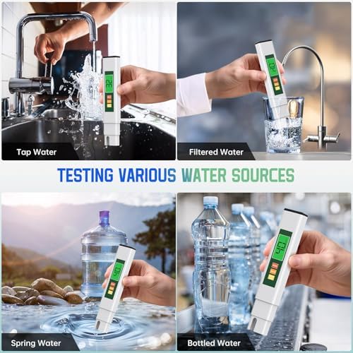 TDS Water Tester, 4 in 1 TDS Meter Digital Water Tester for Drinking Water, Professional 0-9990ppm PPM EC & Temp Water TDS Meter for Home & Travel Regular Water Quality Testing White & Green 6 in - Image 5