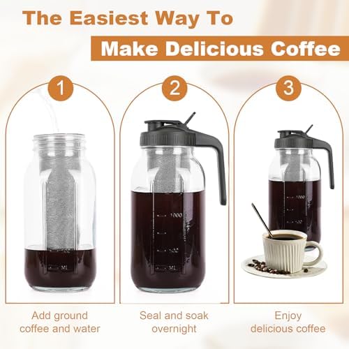 Cold Brew Coffee Maker, 64 oz Mason Jar Pitcher with Stainless Steel Filter, Pour Spout Handle Lid, Airtight & Leak-Proof for Iced Coffee,Tea & Lemonade - Image 4