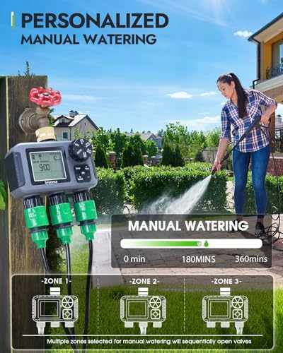Insoma 3-Zone Sprinkler Timer with Brass Inlet + IPX5 Waterproof | Programmable Auto/Manual Irrigation Mode with Rain Delay & Large LCD | Water Hose Timer 3 Outlets for Garden, Lawn, Yard, Pool - Image 4