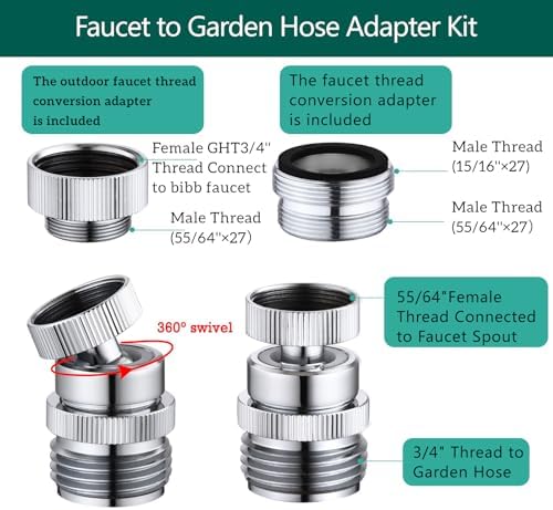 Faucet to Garden Hose Adapter,Brass 3/4-Inch Garden Hose Adapter with Aerator, 360-degree Swivel for Kitchen And Bathroom,Chrome - Image 4