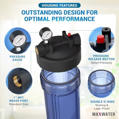 Max Water Whole House 20" x4.5" Purple Clear WH Water Filter Housing 1 inch Inlet/Outlet Ports with Pressure Gauge Wrench and Bracket (4 Housing + 2 Pressure Gauge) - Image 3
