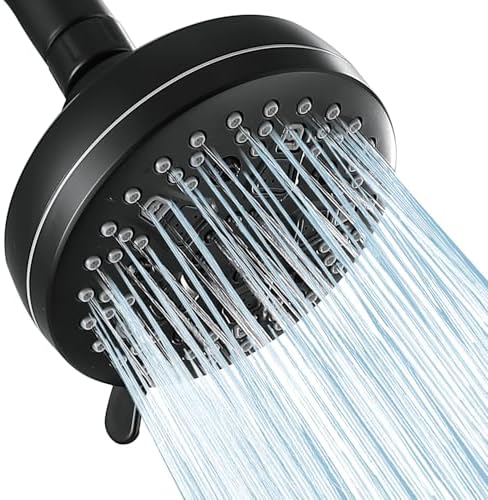 High Pressure Shower Head, 7-Spray Mode Adjustable Showerhead with 4-Inch Round Head, High Flow Handheld Shower for Low Water Pressure, Easy Install & Clean， Round Black by TRJIKAG