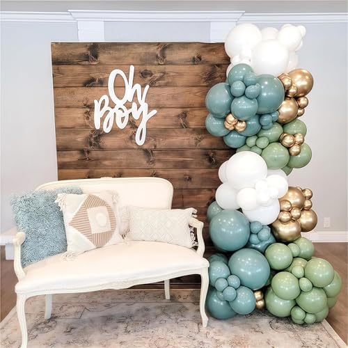 Dusty Sage Green Blue Gold Balloon Garland Kit, 107 PCS Pastel Olive Green Slate Blue Beige Metallic Gold Balloon Arch Kit for Women Men Boho Birthday Wedding Baby Bridal Shower Party Decorations - Image 4