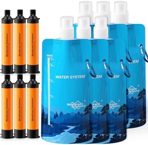 Membrane Solutions Squeezable Water Filtration System, Survival Water Purifier Kit, Portable Backpacking Gear Including Water Filter Straw and 23oz Collapsible Bottle for Hiking Camping Travel(6+6) by MembraneSolutions