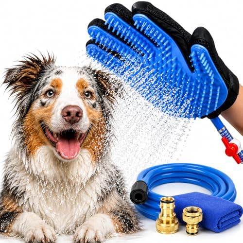 Dog Bath Glove & Sprayer – 3-in-1 Pet Bathing Tool for Washing, Scrubbing & Deshedding – Connects to Garden Hose – Adjustable Water Pressure – Easy Rinse Dog Shower – Gift for Dog Owners by HappyPaws