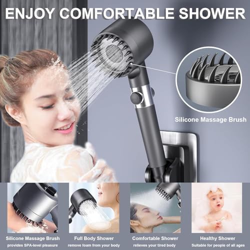 Shower Head, Shower Head High Pressure, Showerhead with Handheld and 3 Filters, 4 Spray Modes & Pause Switch, Silicone Scalp Massager, 59" Hose & Bracket for Hard Water & Pets - Image 5