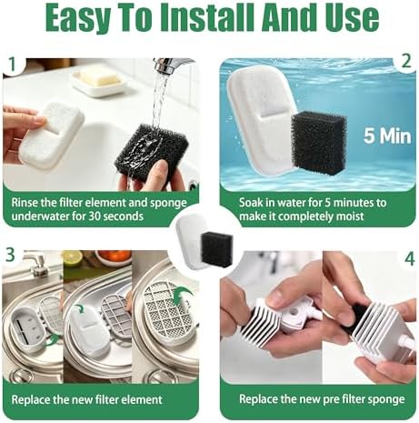 Cat Water Fountain Filter Set – 10 Carbon Filters & 10 Foam Sponges, Replacement for 108Oz/3.2L 67Oz/2L Stainless Steel Pet Water Dispenser,Kitty Spout Pump Filters,Promotes Hydration for Dogs Cats - Image 6