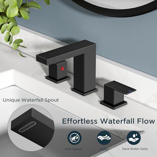 FORIOUS Waterfall Black Bathroom Faucet 3 Hole, 8 Inch Widespread Faucets - Image 4