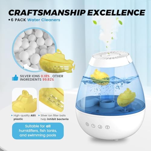 puxyblue Humidifier Tank Cleaner,9-Pack Yellow Small Submarine with Silver Ion Filter Ball Fit for Most Humidifiers and Fish Tanks, Purifies Water, Prevents Hard Water Build Up, Eliminates White Dust - Image 2