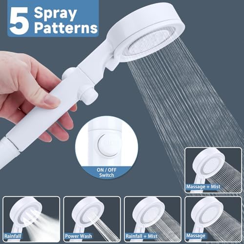 5+1 Mode High Pressure Replacement White RV Shower Head with Hose - Image 2