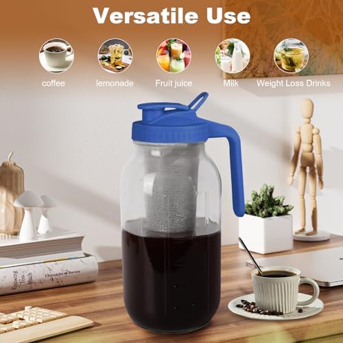 Cold Brew Coffee Maker, 64 oz Mason Jar Pitcher with Stainless Steel Filter, Pour Spout Handle Lid, Heavy Duty Glass Airtight & Leak-Proof for Iced Coffee,Tea & Lemonade - Image 6