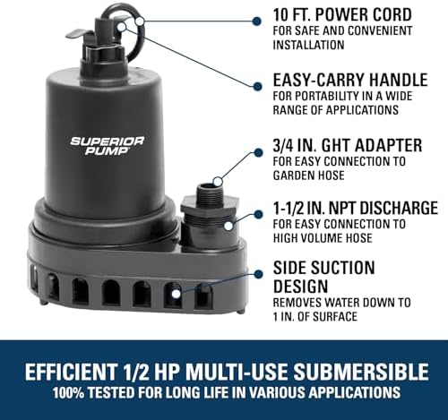 Superior Pump 91570 3300GPH Thermoplastic Submersible Utility Pump with 10-Foot Cord, 1/2 HP - Image 3