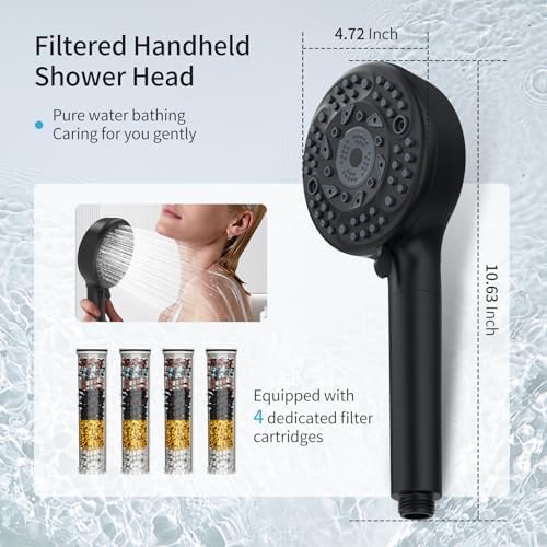 Filtered Shower Head with Handheld, 9 Spray Mode High Pressure Shower Head with 4 Filters, Hard Water Filter Showerhead - Remove Chlorine, Matte Black - Image 2