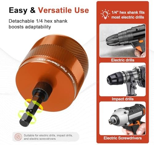 1/2" & 3/4" Copper Pipe Cleaner Set for Drill, with 1/4" Hex Shank & 6 Brush Blades & 2 Pipe Cleaning Brush, Plumbing Tools for Removing Rust, Stains & Paint from Copper & Metal Pipes, Orange - Image 3
