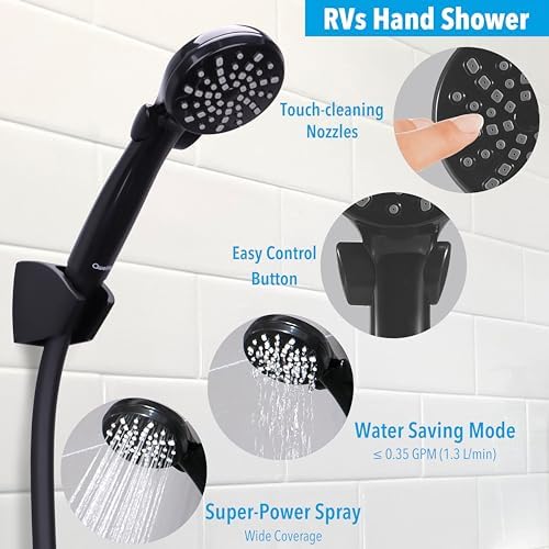 RV Shower Head with Hose and On Off Switch (Trickle), Water Saving High Pressure Shower Head with Hose Guide Ring, Shower Holder for RV, Camper, Van, Travel Trailer, Motorhome, Boat, Black - Image 2