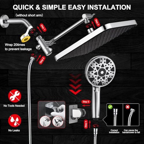 14 Inch Square Rain Shower Head Combo, 7 Settings Handheld Spray, Water Saving with Check Valve, Anti-Clog Nozzles, Tool-Free Installation for Bathroom Upgrade - Image 6