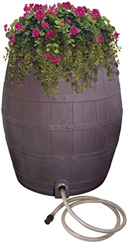Rescue 50-Gallon Whiskey Rain Barrel – Includes Planter, Rain Water Diverter, Outlet Hose – Flatback Design – Brown by EmscoGroup