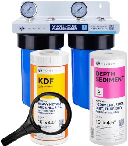 Aquaboon 2-Stage Whole House Water Filtration System with 5 Micron 10x4.5 Reducing Sediment and KDF Heavy Metals Water Filter Purification Cartrige, Pressure Gauges, Wrench, Bracket by Aquaboon
