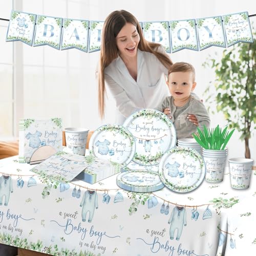 Greenery Baby Shower Tableware Set, Watercolor Blue Boy Plates, Napkins, Cups, Tablecloth for Boy Baby Shower Gender Reveal Supplies - Image 2