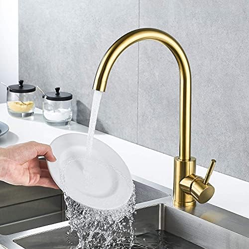 Single Handle High Arc Brushed Gold Kitchen Faucet Stainless Steel Commercial Single Hole Kitchen Sink Faucet,Modern One Hole Bar Sink Faucet(Brushed Gold) - Image 5