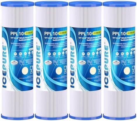 ICEPURE 20 Micron 10" x 2.5" Pleated Sediment Cartridge Replacement Universal Whole House Pre-Filter Compatible with R50, Dupont WFPFC3002, Whirlpool WHKF-WHPL, GE FXWPC, Any 10 inch RO Unit, 4PACK by ICEPURE