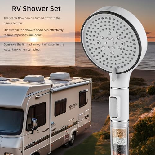 RV Shower Head with Hose, High Pressure 5 Setting Shower Head with Filter and On/Off, Water Saving Shower Head for RV/Camper, Travel Trailer, Motorhome,White，Save water (White) - Image 3