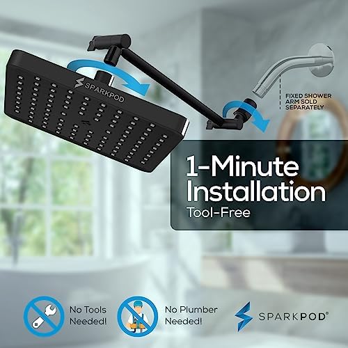 SparkPod Square Rain Shower Head with Extension Arm - Height Adjustable Shower Head with High Pressure Performance - Easy 1-Minute Installation (8" Square, Midnight Black Matte) - Image 6