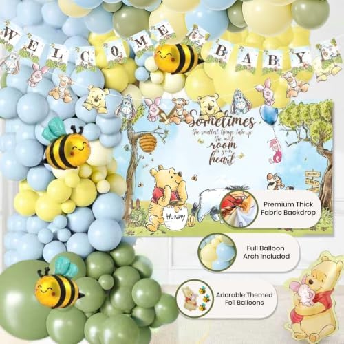 271 Pc Classic Winnie Baby Shower Decorations for Boy – All-In-1 Blue Pooh Baby Shower Balloon Arch, Vintage Pooh Bear Theme Party Decoration Kit with Backdrop, Banners, Baby Boxes, Sash & Table Décor - Image 3