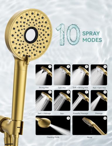 Magichome Shower Head with Handheld, High Pressure 10-Spray Detachable Chrome Showerhead with Stainless Steel Hose,Brushed Gold - Image 4