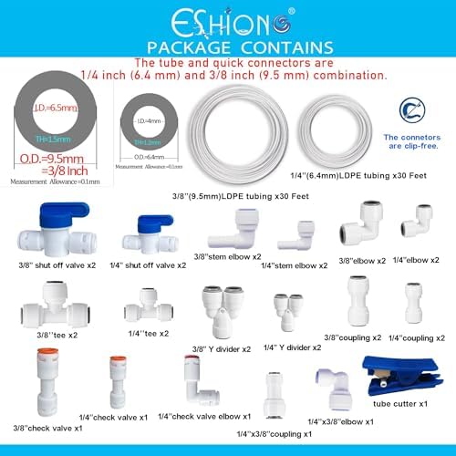 ESHIONG NSF Certified 1/4" & 3/8"O.D. Water Line Tubing and Push to Connect Fittings for RO (Reverse Osmosis) Water Filter 30 pcs+30 feet 1/4" tubing+30 feet 3/8" tubing. - Image 2