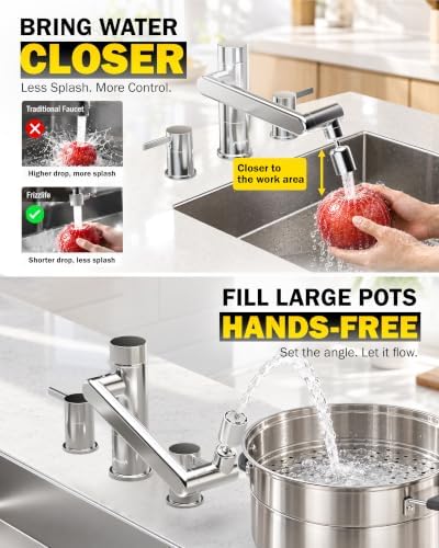 Frizzlife MF1080-X 8-Inch Widespread Bathroom Sink Faucet with Built-In Carbon Block Water Filter, NSF/ANSI 372 Certified, 3-Hole Kitchen Sink Faucet, 1080° Rotating, Stream/Spray, 304 Stainless Steel - Image 5