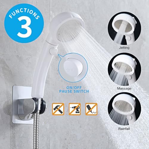 KAIYING High Pressure Handheld Shower Head with ON/OFF Pause Switch, 3 Spray Modes Shower Wand with Shut Off Button, Removable Camper Shower Head with Hose and Adjustable Angle Bracket (White) - Image 2