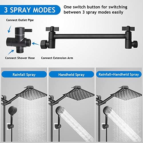 Shower Head Combo, 8 Inch High Pressure Rain with 11 Inch Adjustable Extension Arm and 5 Settings Handheld, Powerful Spray Against Low Water Pressure- Matte Black - Image 2