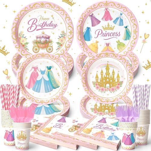 144 Pcs Princess Paper Plates Napkins, Birthday Party Supplies Include Forks Cups Straws, Summer Party Tableware Set for Kids, Serves 24 Guests by Unknown