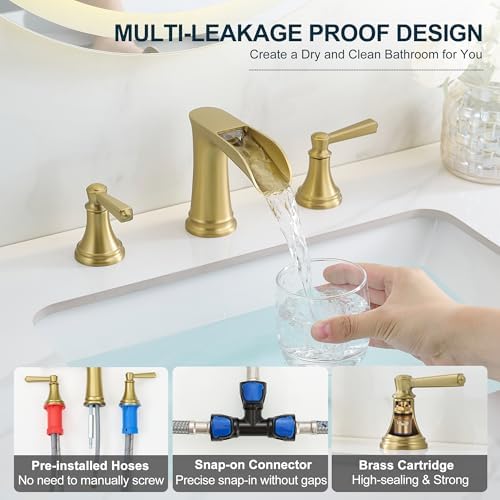 8 Inch Brushed Gold Bathroom Faucet 3 Hole, Brass Waterfall Bathroom Faucets Widespread 2 Handle with Pop up Drain & Pre-Installed cUPC Supply Lines for Vanity, 10 Mins Quick Installation - Image 5