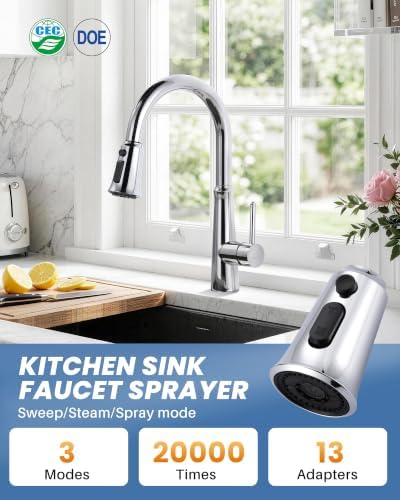 WOWOW Kitchen Faucet Head Replacement, 3 Function Pull Down Faucet Sprayer Head with 13 Adapters, Chrome Kitchen Sprayer Nozzle Compatible with Moen, Delta, Kohler Faucets - Image 6