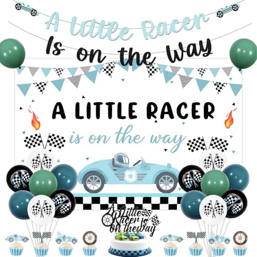 Race Car Baby Shower Decorations A Little Racer is On The Way Backdrop Glitter Vintage Racing Car Banner Cake and Cupcake Toppers Blue Green Checkered Flag Balloons for Boys Baby Shower Party Supplies by Merrystorm