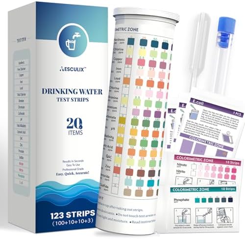 20 in 1 Water Tester for Drinking Water, Well Water Testing Kit, Suitable for Household Tap Water, Natural Water Quality Testing, Can Detect Water Hardness, Chlorine, Lead, Ph, Etc. (123 Test Strips) by AESCULIX