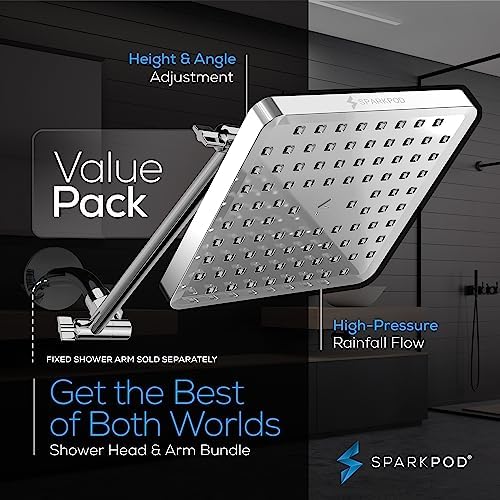 SparkPod Square Rain Shower Head, High Pressure, Extension Arm, 8" Chrome - Image 3
