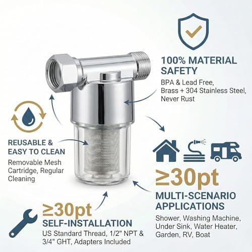 40 Micron Brass Sediment Filter, Inline Spin Down Sediment Water Filter for Washer, Washing Machine, Shower, Garden Hose, Well Water, Anti Clogging & Reusable with Pipe Sealant Tape-Electro galvanized - Image 2