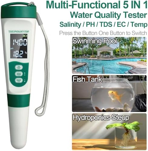 Display PH Meter Watter Tester 5 in 1, Functions: PH,TDS,EC,Salt,Temp, IPX5 Waterproof, High Accuracy With 3 Calibration Powders, for Saltwater Pool, Hot Tubs, SPAs, Aquarium, Hydroponics System - Image 3