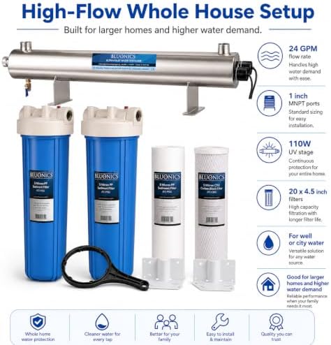 Bluonics Whole House Water Filter System for Well Water, 3 Stage Sediment Carbon Filters with 110W UV Light, 24 GPM, 20 x 4.5 Housings, 1 in NPT - Image 3