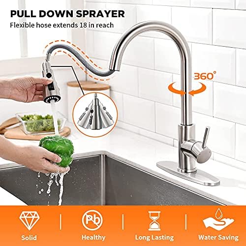 Brushed Nickel Kitchen Faucets with Pull Down Sprayer Kitchen Sink Faucet with Pull Out Sprayer Single Hole Deck Mount Single Handle Stainless Steel Grifos De Cocina 866068SN - Image 2
