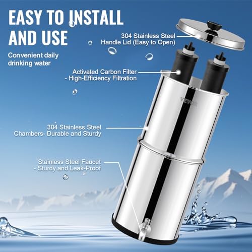 VEVOR Gravity-fed Water Filter System, 1.5G 304 Stainless-Steel Countertop System, Water Filtration System, Reduces Lead and up to 99% of Chlorine, with 2 Carbon Filters & Spigot, for Home Camping RV - Image 6