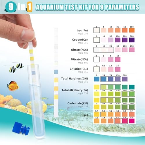 Umlecoa 9 in 1 Aquarium Test Kit for Freshwater and Saltwater - 100 Aquarium Test Strips with Test Tube & Thermometer - Fast & Accurate Water Testing Strips for Aquarium/Pond/Pool - Image 2