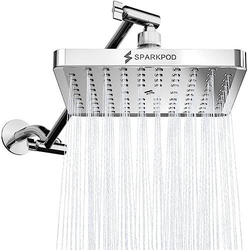 SparkPod Square Rain Shower Head, High Pressure, Extension Arm, 8" Chrome by SparkPod